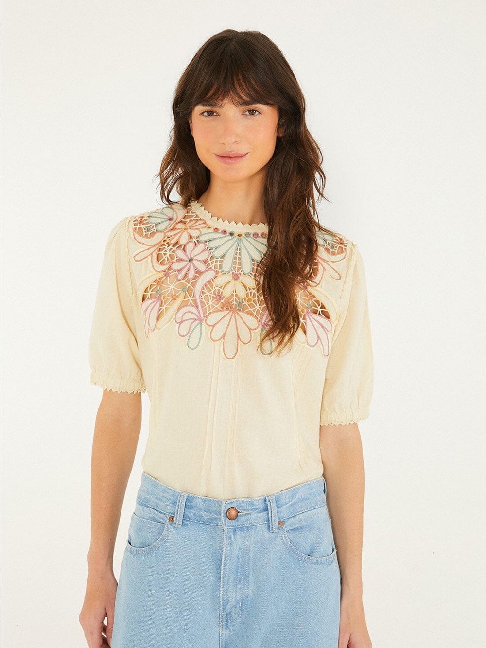 FARM Rio Beige Flower Embroidery Short Sleeve Blouse